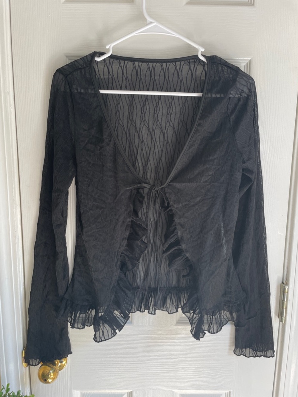 SHEIN Black Sheer Ruffle Tie-Front Blouse